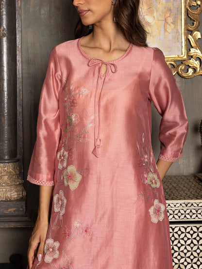 onion pink silk chanderi thread and fabric cutwork work kurta