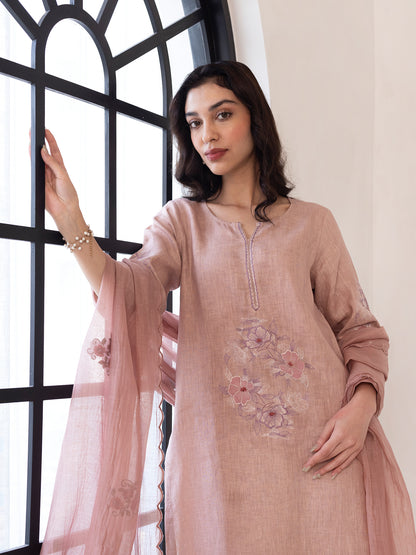 Old rose linen thread and fabric cutwork kurta