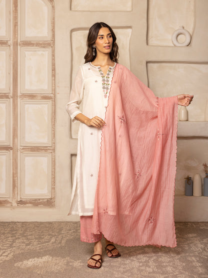 off white mul chanderi thread with crochet hand embroidery kurta set