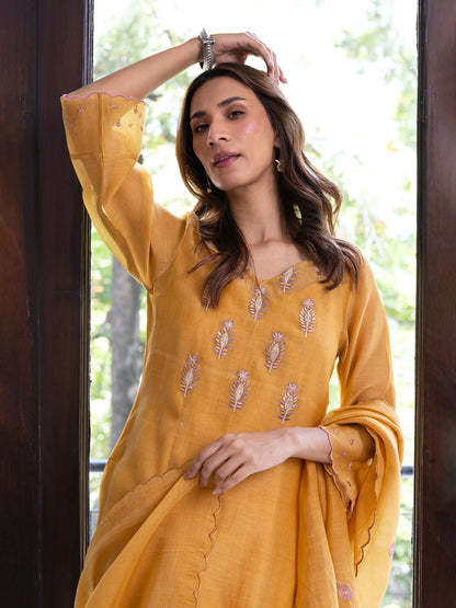 Mustard yellow mul chanderi gota with thread embroidery kurta set