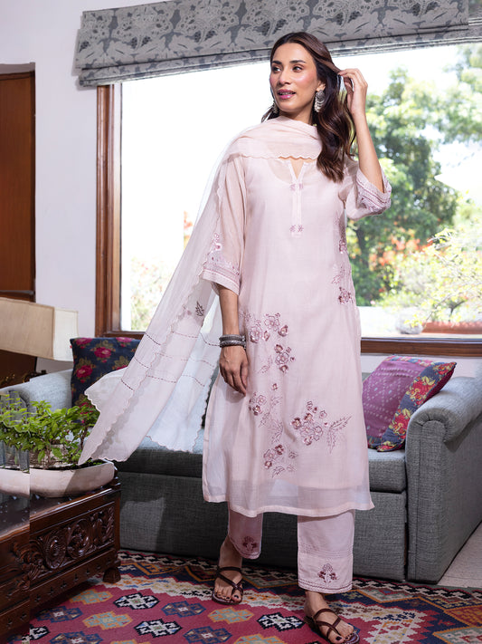 Off white mul chanderi  thread with sequence and bead work kurta set
