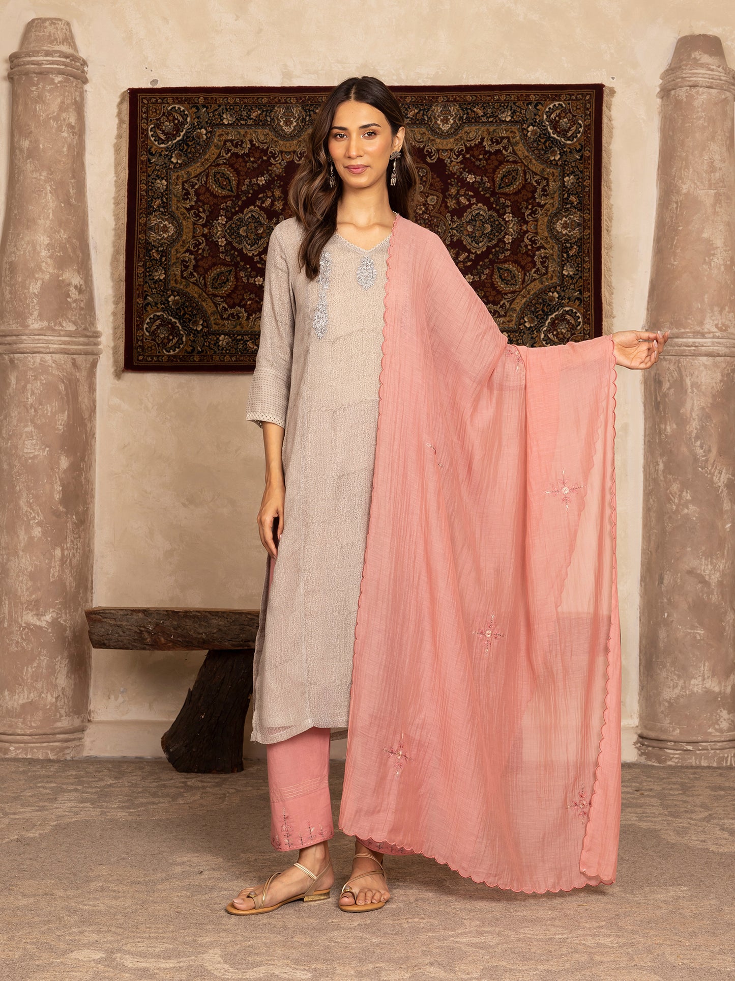 Gray hand block print kota cotton with zardozi hand embroidery kurta set