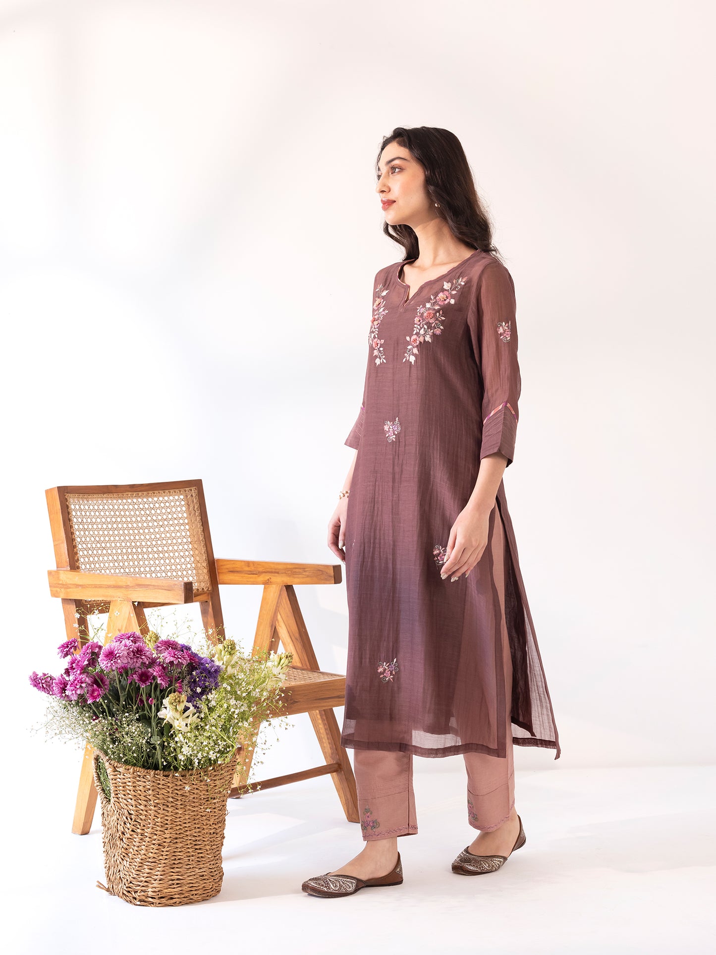 Brown mul chanderi thread work kurta set