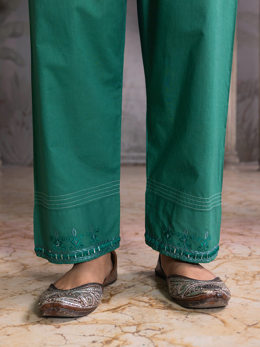 Bottle green Cotton Pant  with thread and mirror work