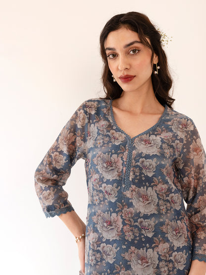 Blue and off white printed mul chanderi beadwork kurta set