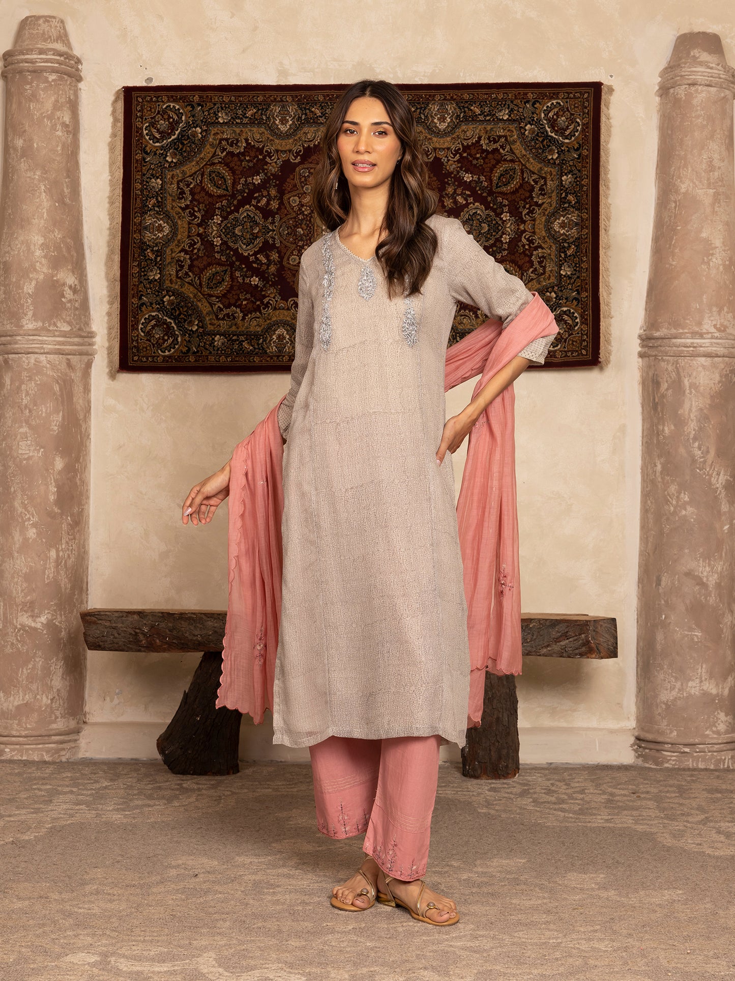 Gray hand block print kota cotton with zardozi hand embroidery kurta set