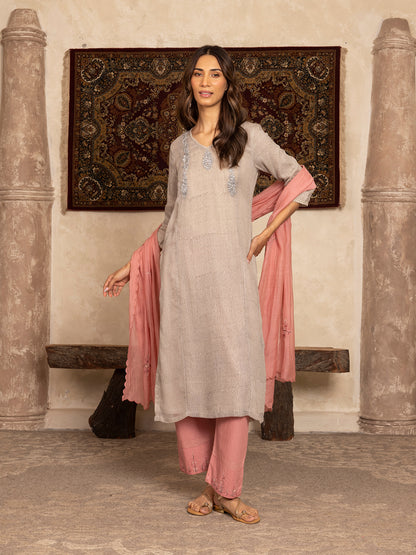 Gray hand block print kota cotton with zardozi hand embroidery kurta set
