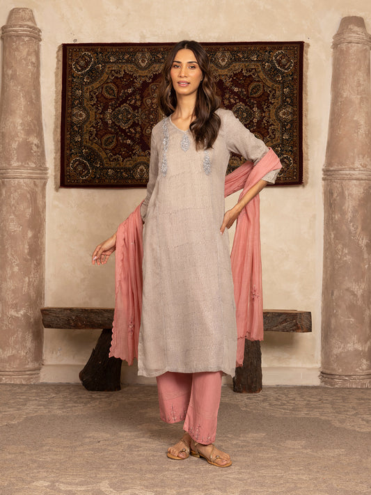 Gray hand block print kota cotton with zardozi hand embroidery kurta set