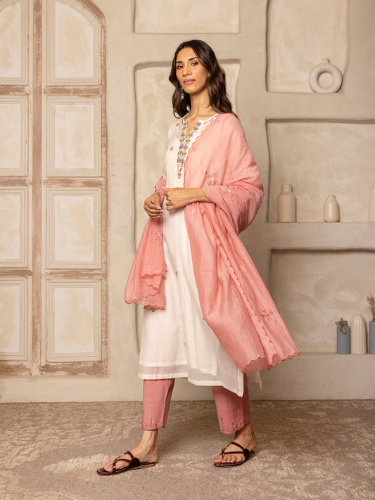 off white mul chanderi thread with crochet hand embroidery kurta set