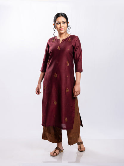 Wine cotton silk aari hand embroidery kurta set
