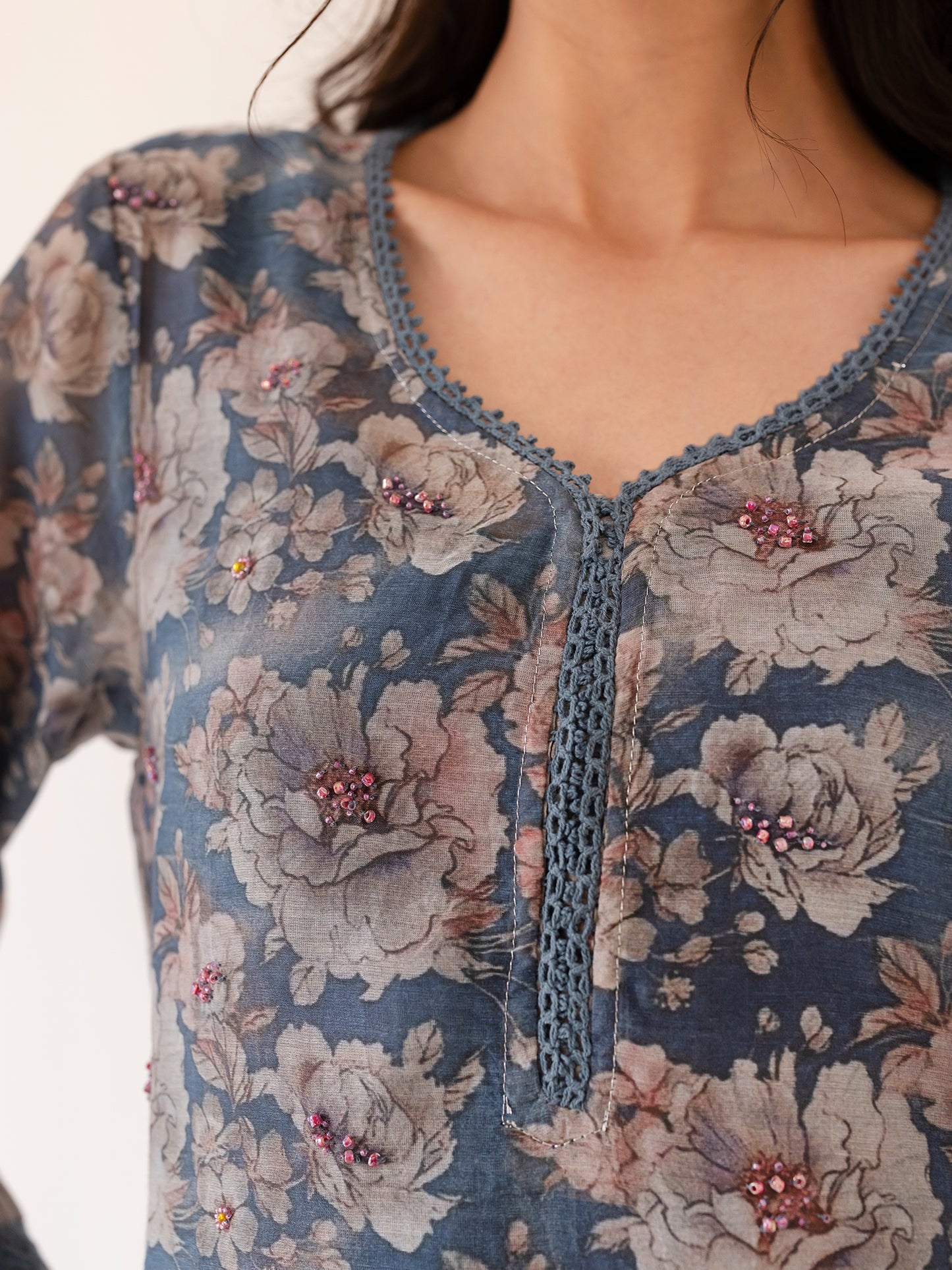 Blue and off white printed mul chanderi beadwork kurta set