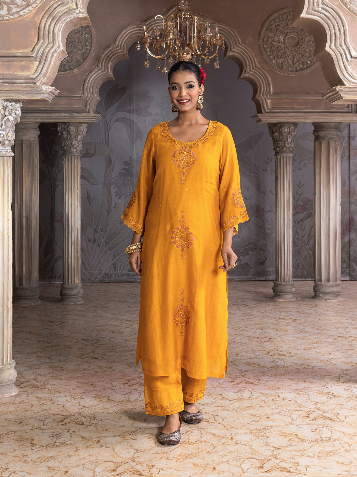 Yellow mul chanderi thread with mirror and sequence embroidery kurta