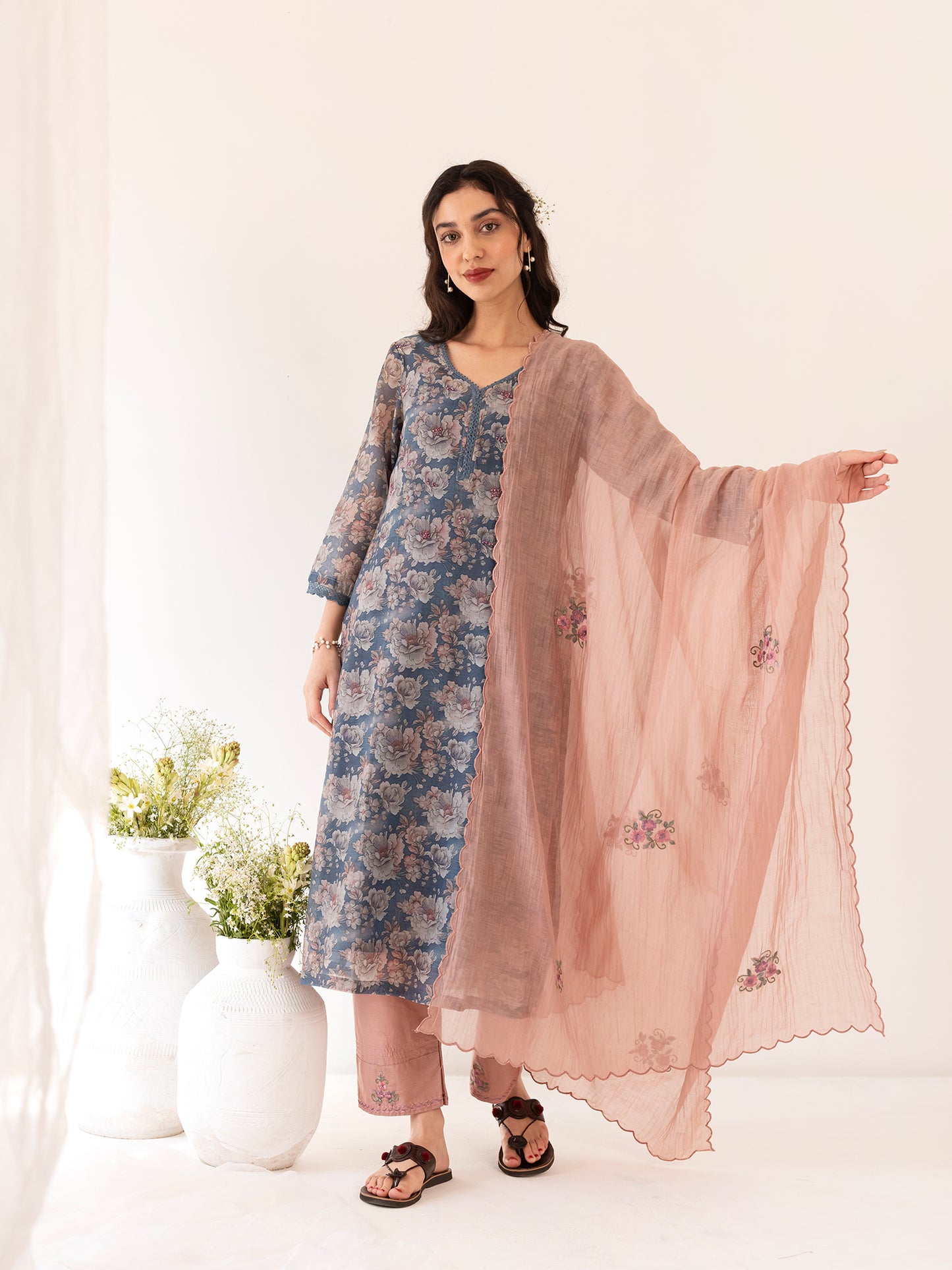 Blue and off white printed mul chanderi beadwork kurta set