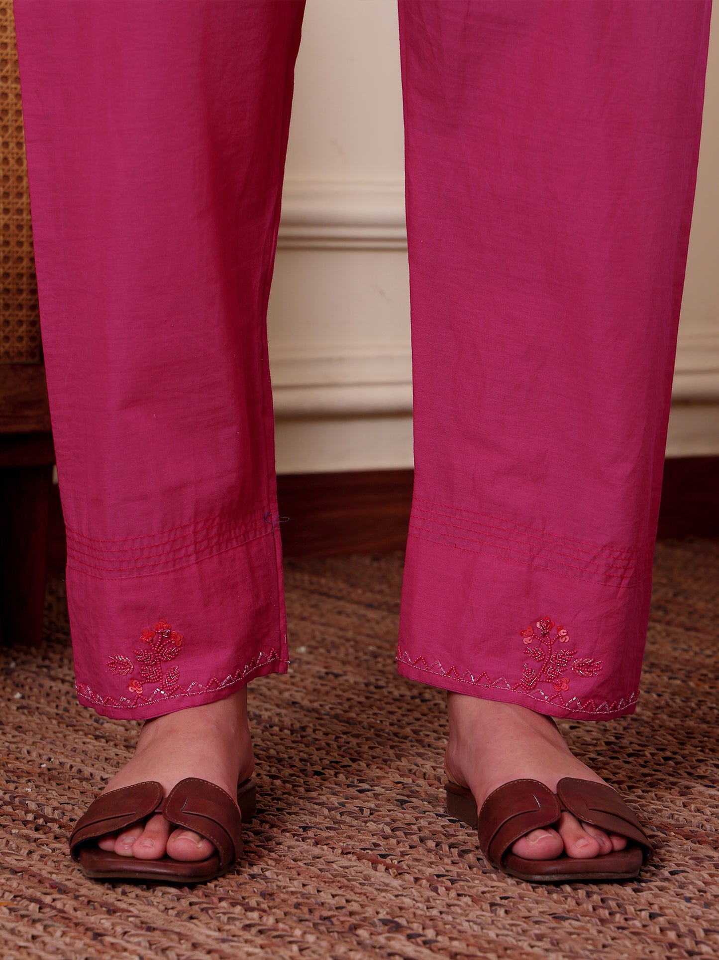 Rani pink mul Chanderi beadwork Kurta Set