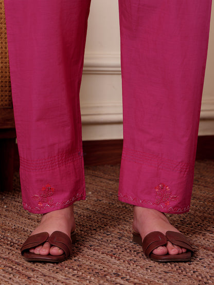 Rani pink mul Chanderi beadwork Kurta Set