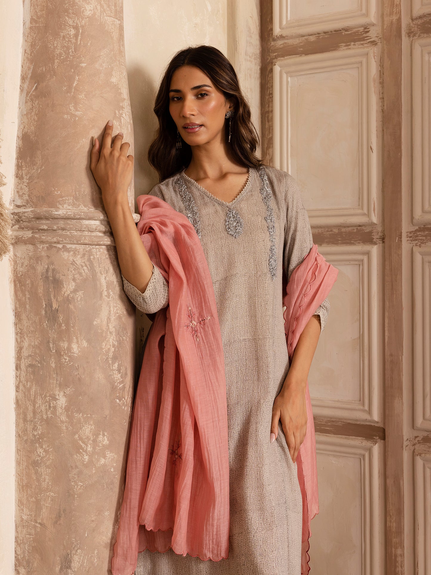 Gray hand block print kota cotton with zardozi hand embroidery kurta set