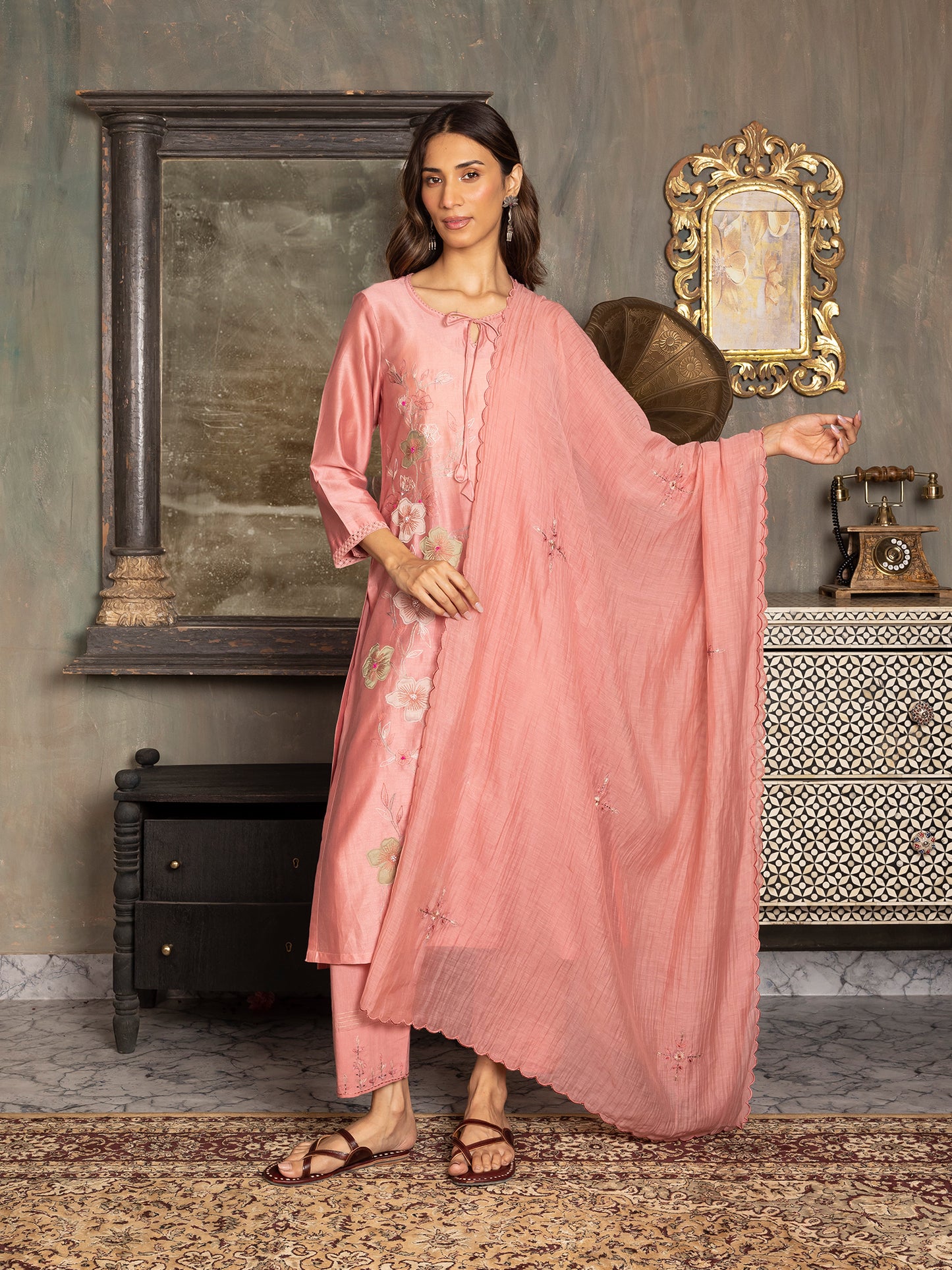 onion pink silk chanderi thread and fabric cutwork work kurta