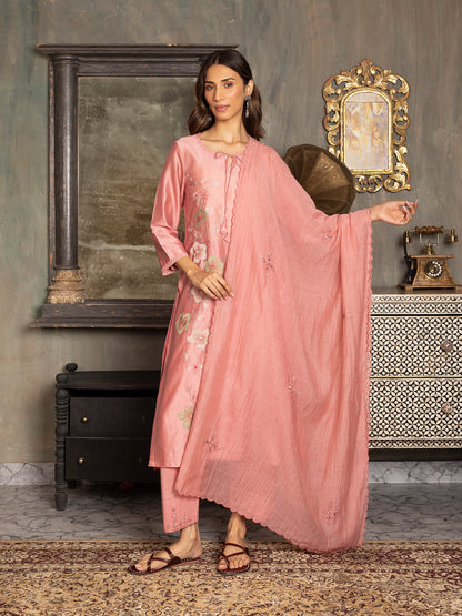onion pink silk chanderi thread and fabric cutwork work kurta