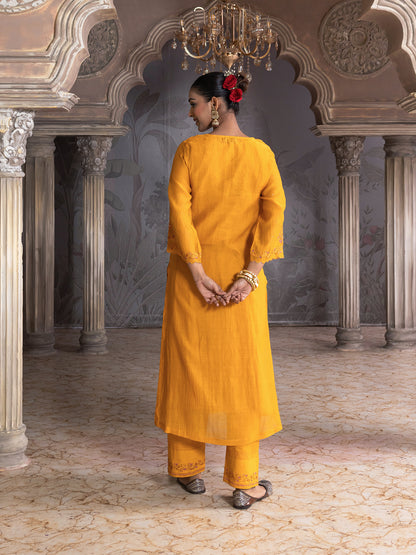 Yellow mul chanderi thread with mirror and sequence embroidery kurta set