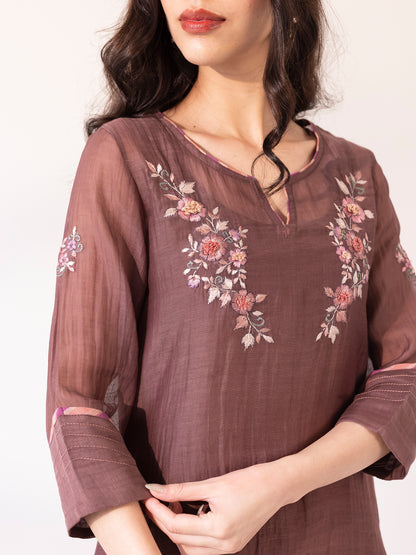Brown mul chanderi thread work kurta set