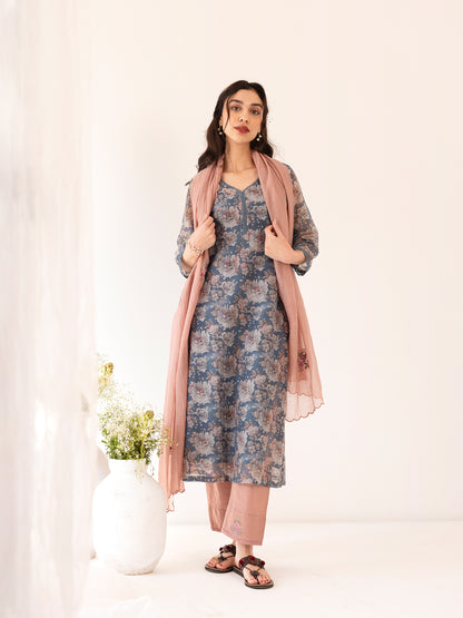 Blue and off white printed mul chanderi beadwork kurta set