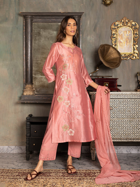 onion pink silk chanderi thread and fabric cutwork work kurta set