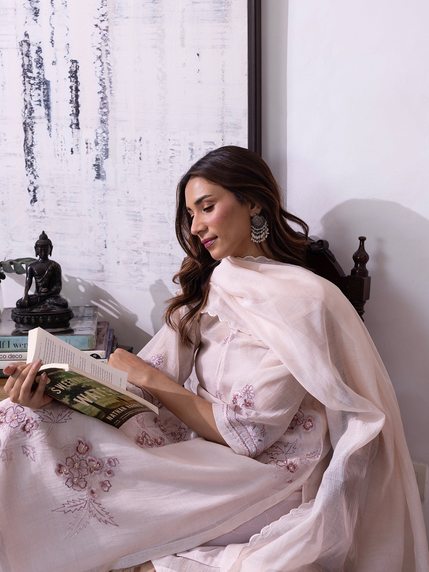 Off white mul chanderi  thread with sequence and bead work kurta set