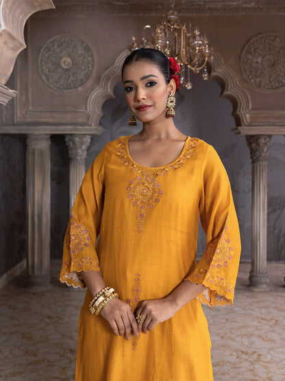 Yellow mul chanderi thread with mirror and sequence embroidery kurta set