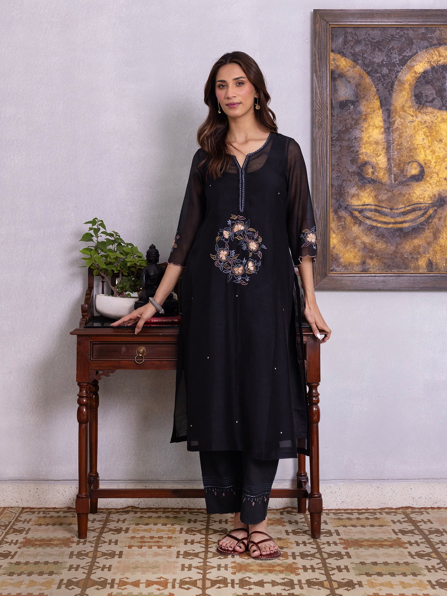 Black mul chanderi gota with thread embroidery kurta