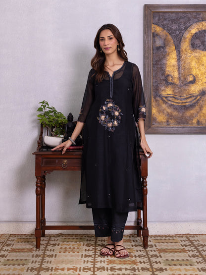 Black mul chanderi gota with thread embroidery kurta