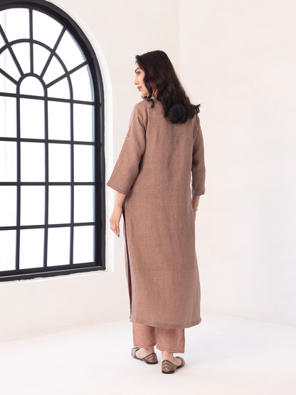 Beige linen thread and fabric cutwork kurta