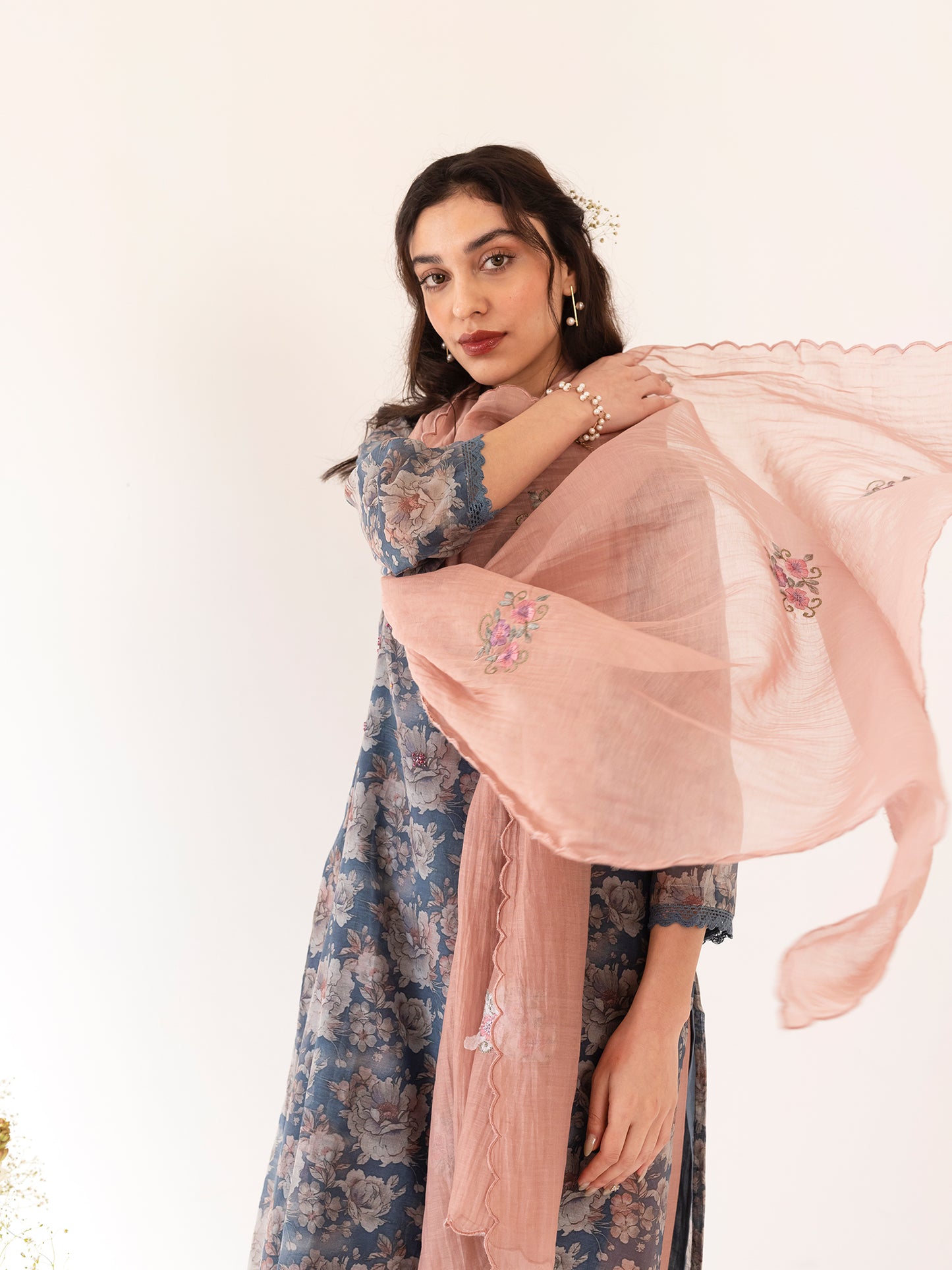 Blue and off white printed mul chanderi beadwork kurta set