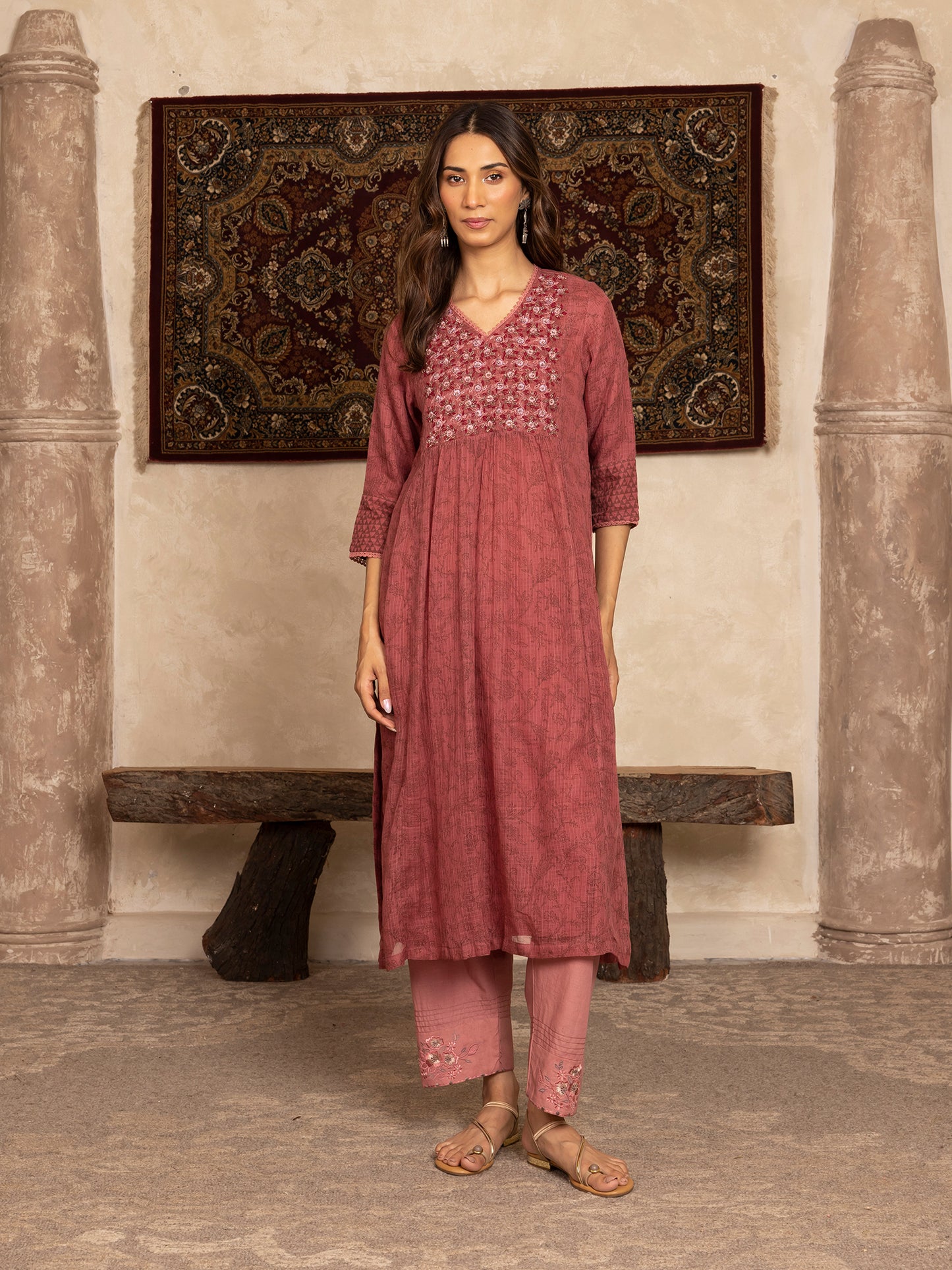 wine hand block print kota cotton with zardozi hand embroidery kurta