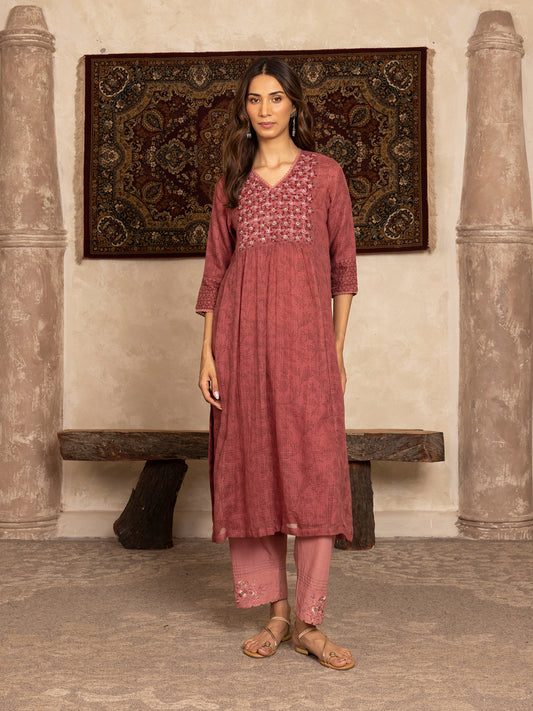 wine hand block print kota cotton with zardozi hand embroidery kurta
