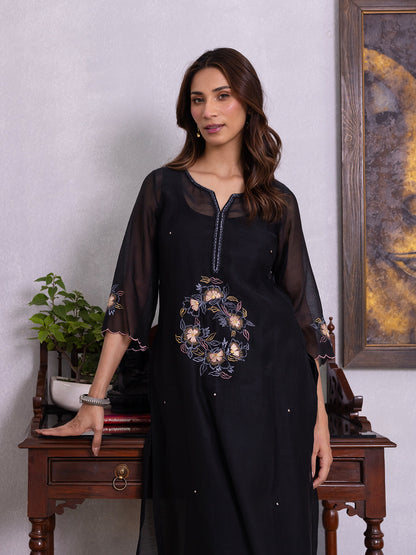 Black mul chanderi gota with thread embroidery kurta