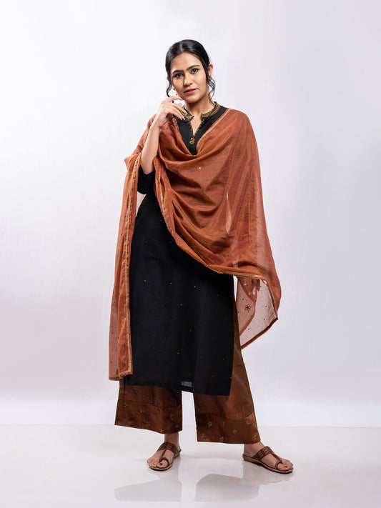 Black cotton silk aari hand embroidery kurta set