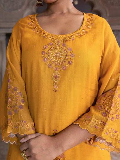 Yellow mul chanderi thread with mirror and sequence embroidery kurta set