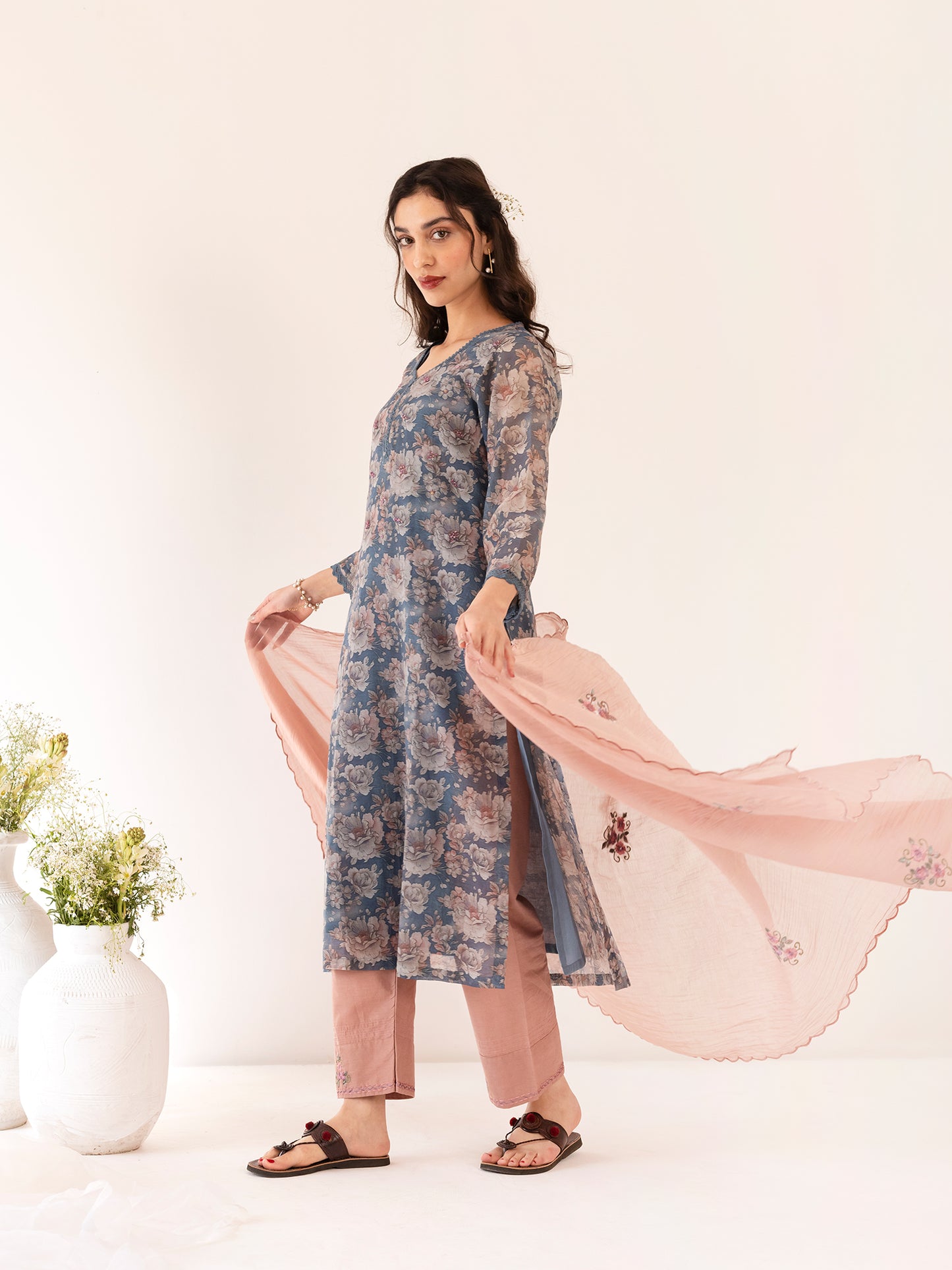 Blue and off white printed mul chanderi beadwork kurta set