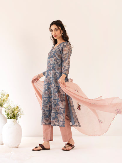 Blue and off white printed mul chanderi beadwork kurta set