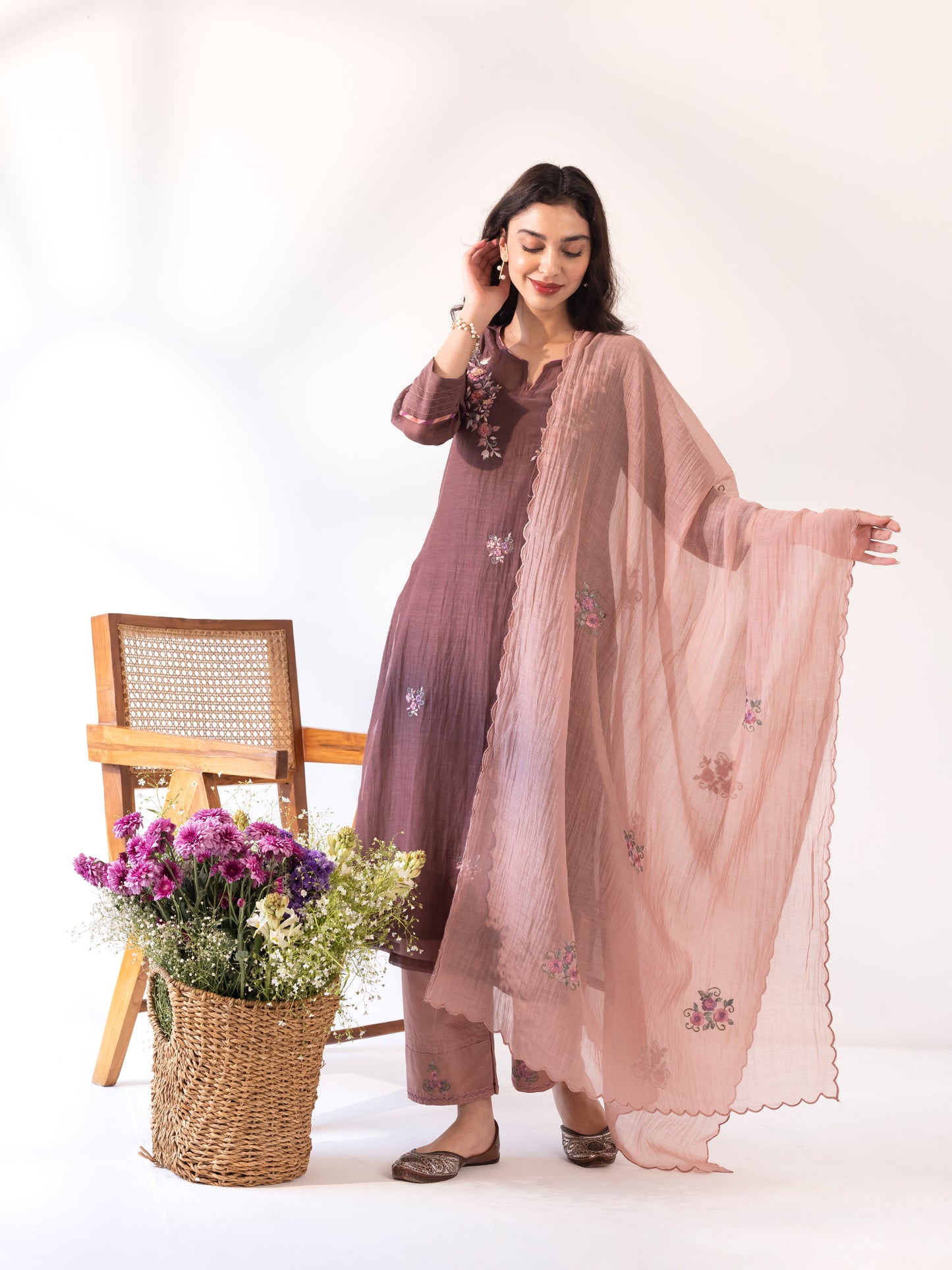 Brown mul chanderi thread work kurta set