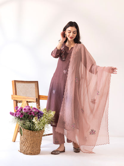 Brown mul chanderi thread work kurta set