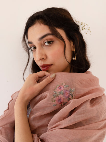 Blue and off white printed mul chanderi beadwork kurta set