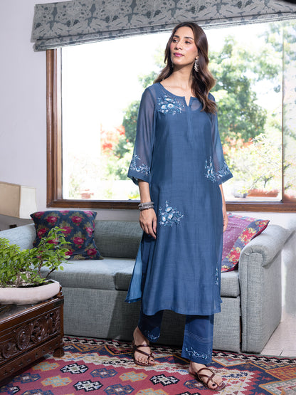 Teal blue mul chanderi  thread with sequence and bead work kurta