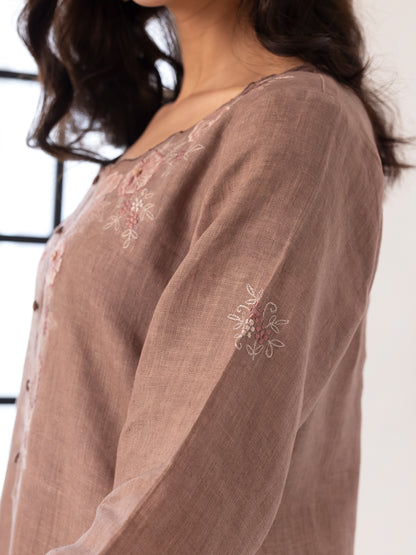 Beige linen thread and fabric cutwork kurta