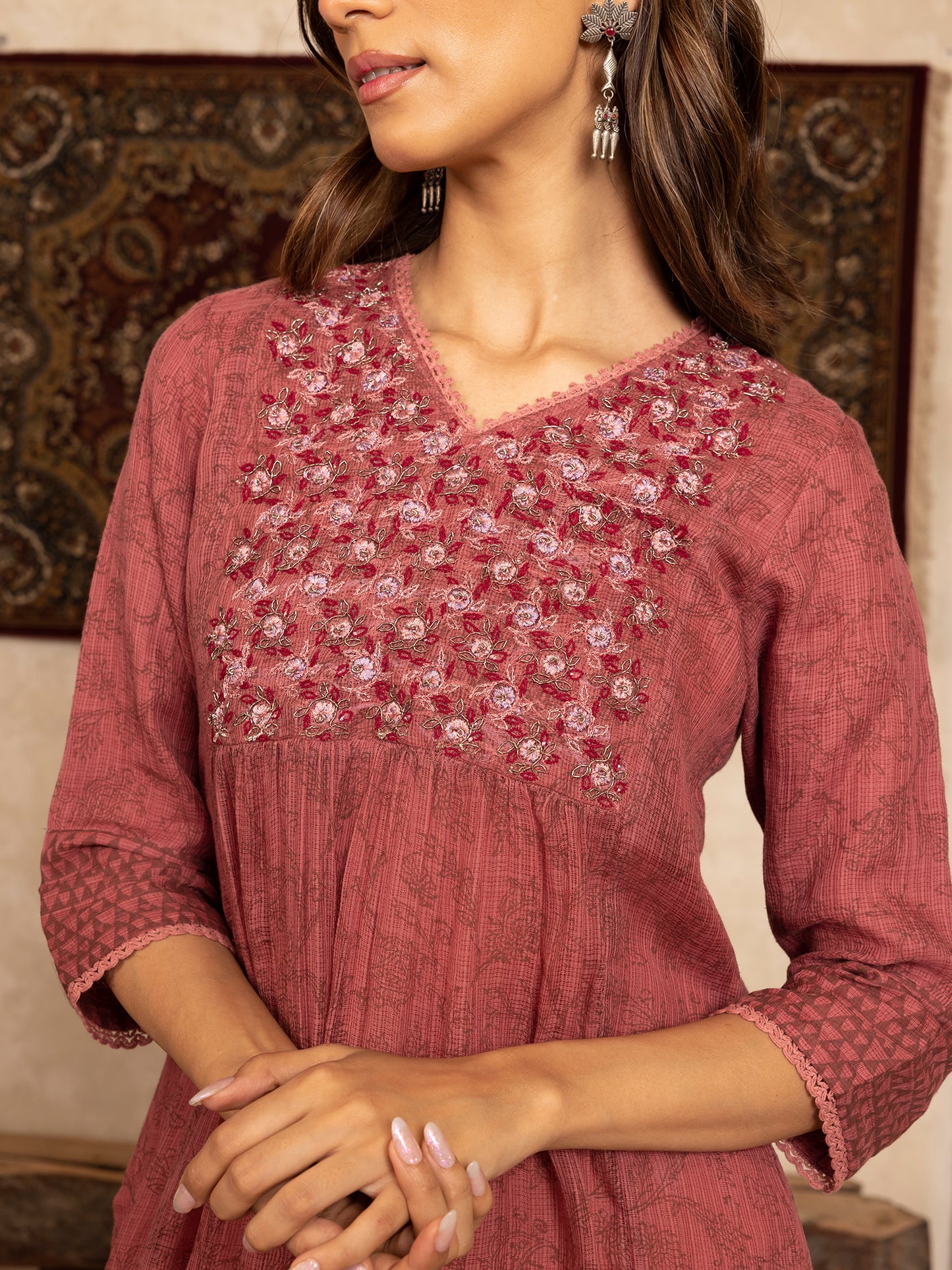 wine hand block print kota cotton with zardozi hand embroidery kurta