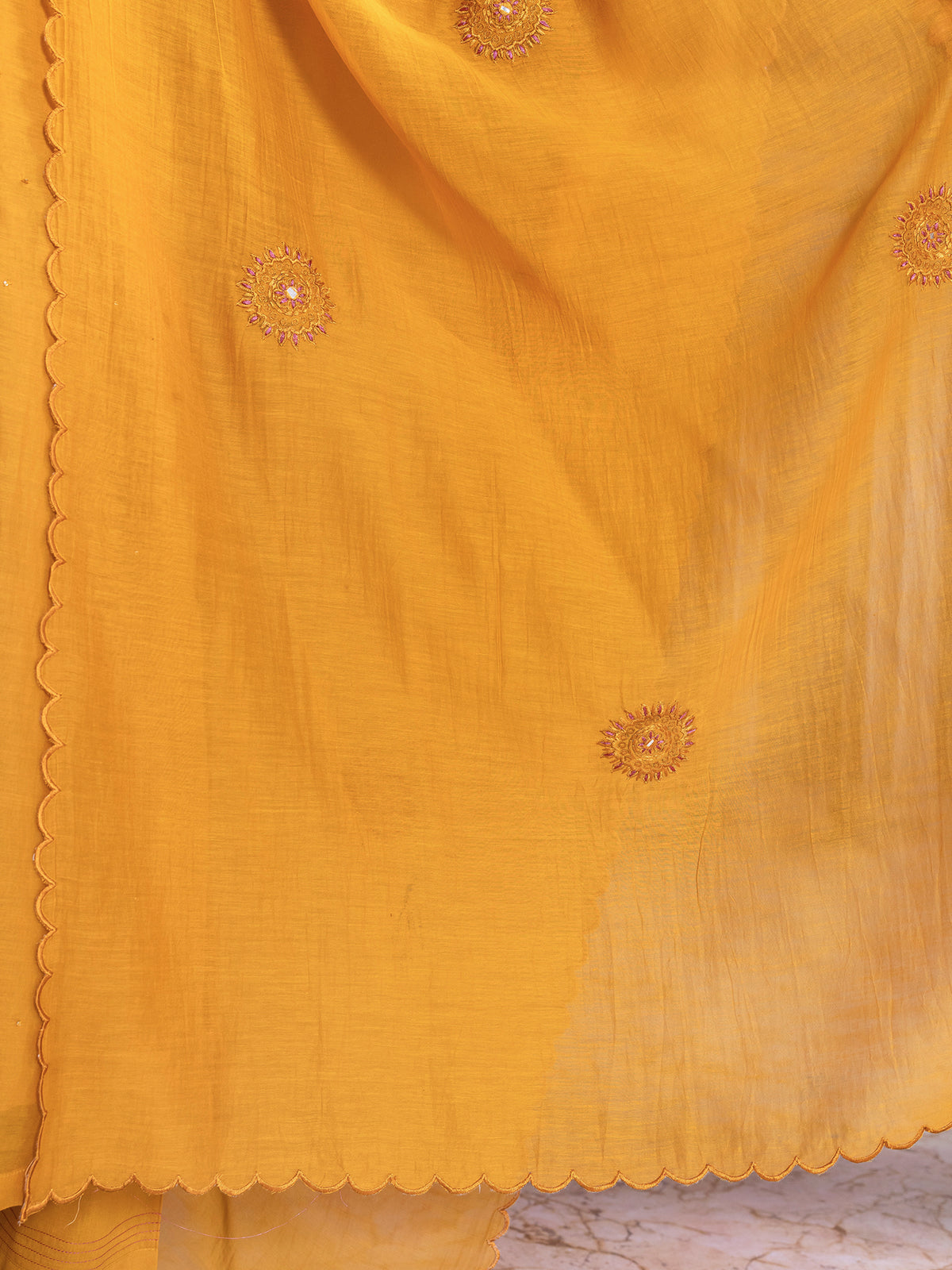 Yellow mul chanderi thread with mirror work dupatta