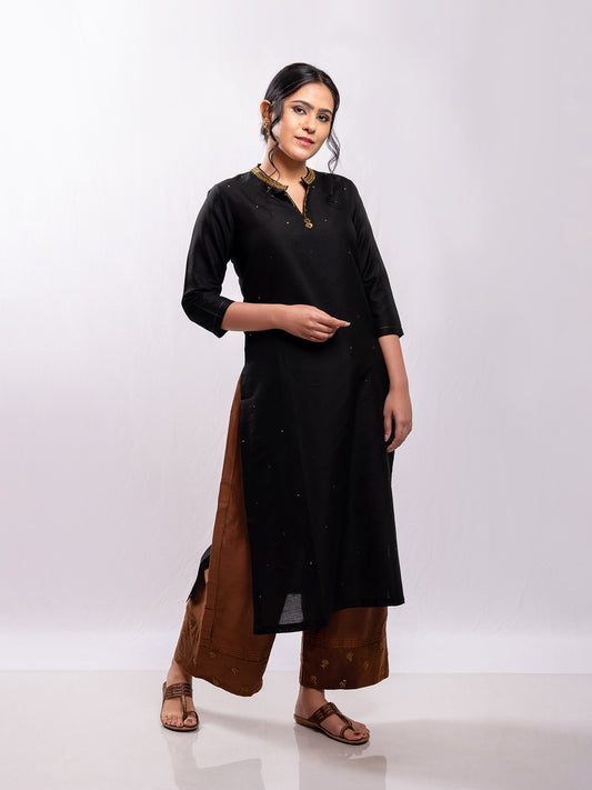 Black cotton silk aari hand embroidery kurta