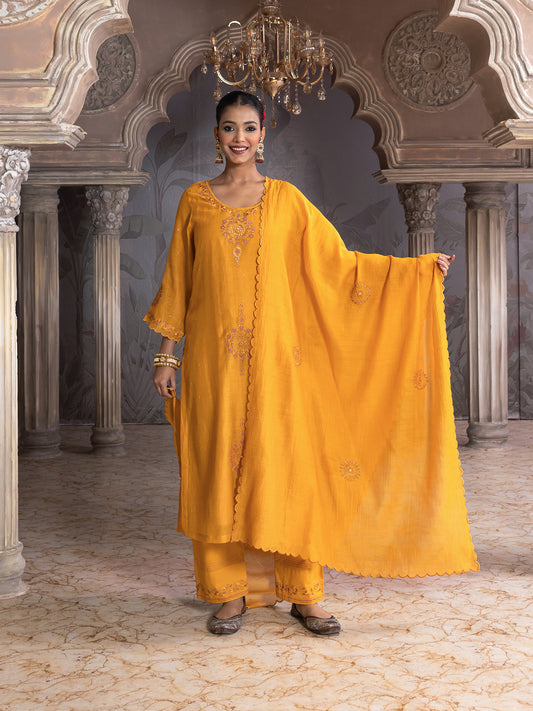 Yellow mul chanderi thread with mirror work dupatta