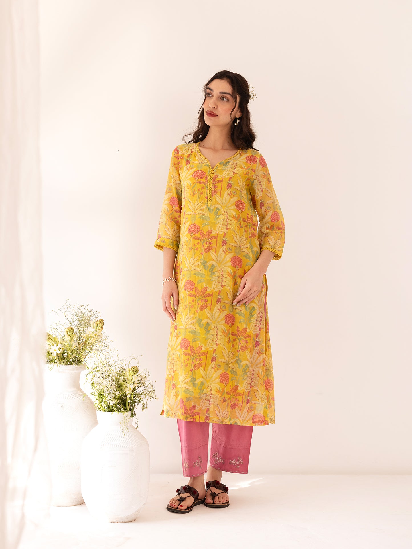 Yellow and pink floral printed mul chanderi beadwork kurta set