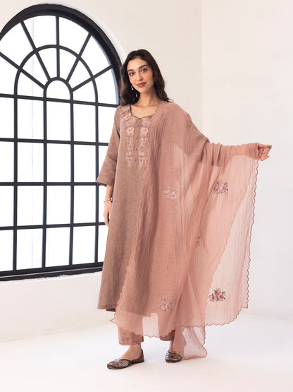 Beige linen thread and fabric cutwork kurta